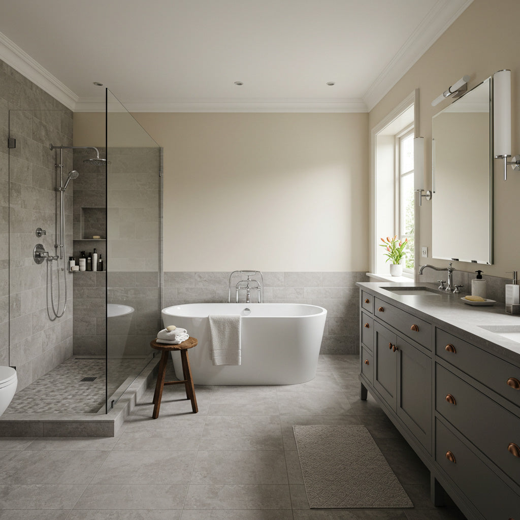 Често пренебрегвани процеси и елементи при ремонт на баня – стилна модерна баня с вана, душ кабина и мебели от KERANOVA