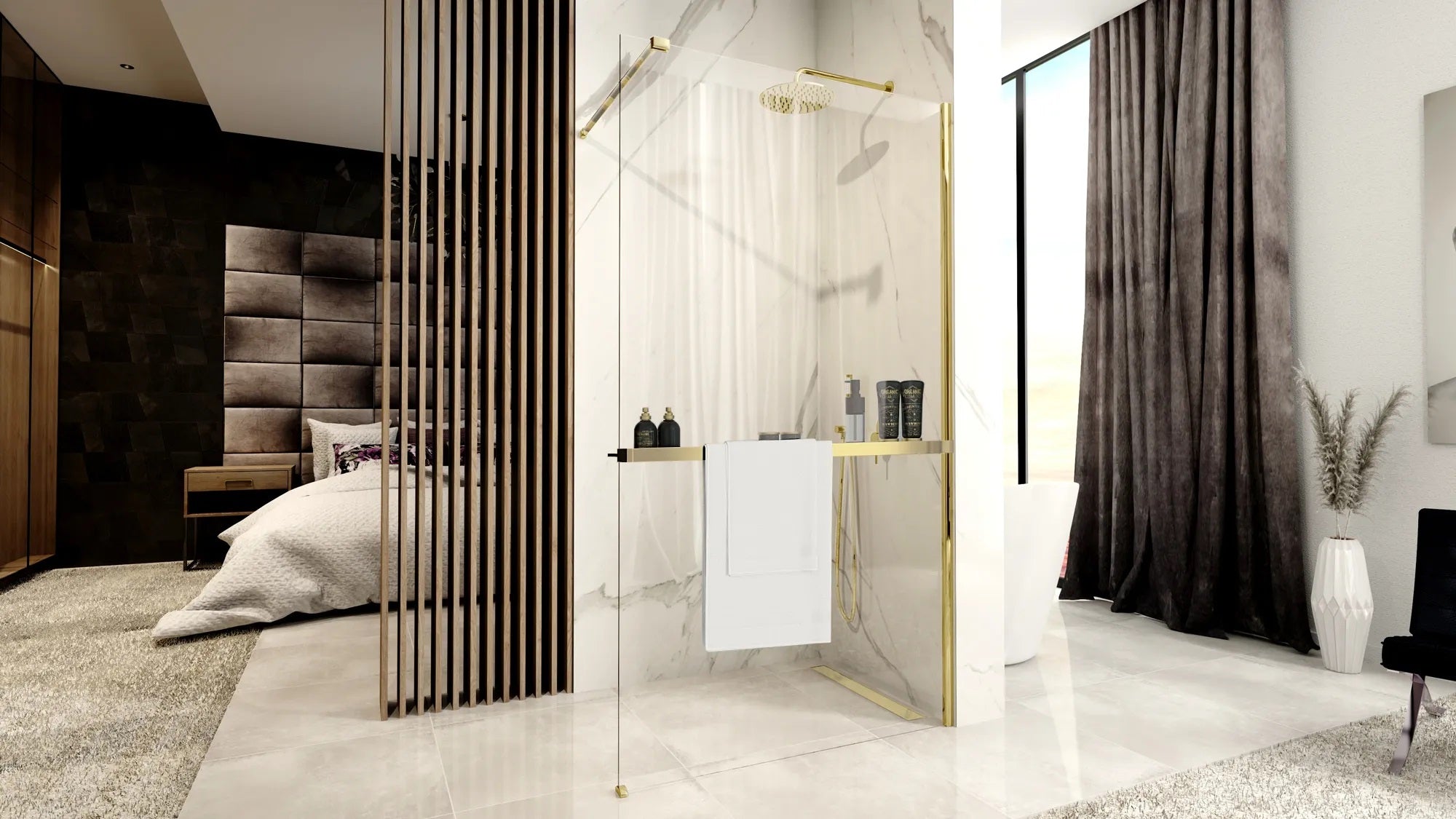 Стационарни стъклен параван за баня с мраморен плот, златни профили и аксесоари, идеи за баня, душ паравани, мивки за баня