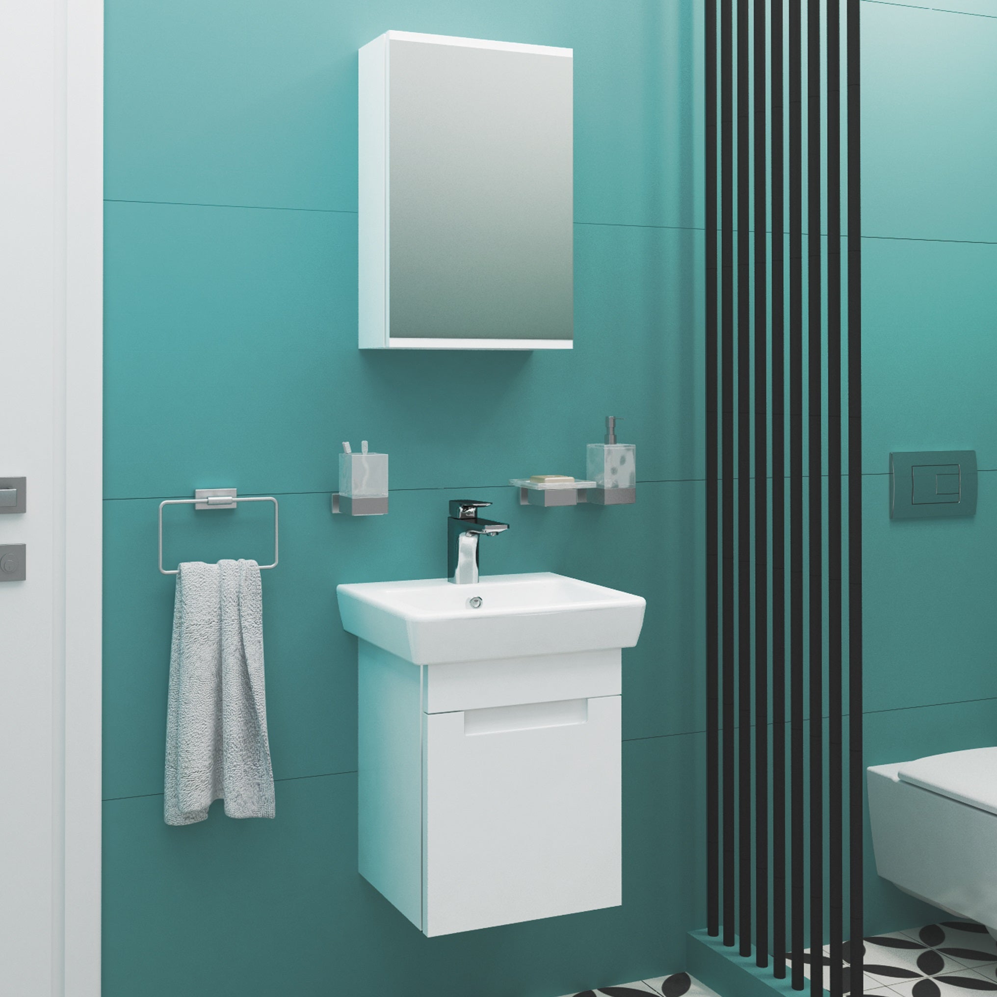 Мебели за баня - бял шкаф с мивка, огледален горен шкаф и аксесоари в модерна тюркоазена баня (мивка за баня, смесител, шкаф за баня)