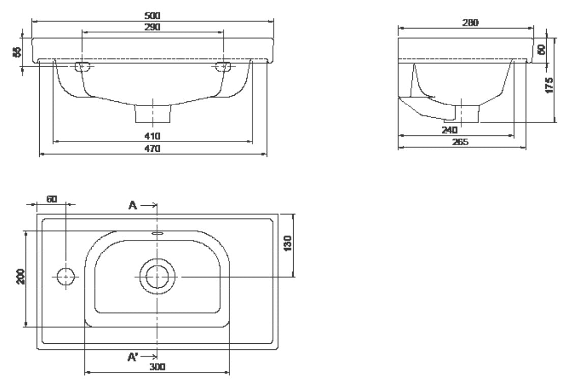 Мивка Frame 50х28 см. - лява и дясна схема с размери, монтаж на стена или върху мебели, KERANOVA онлайн магазин