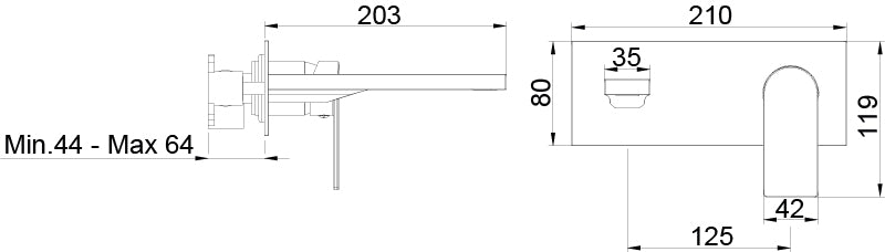 Стенен смесител за мивка Alpha One Satin Nickel - Aquagrif, технически чертеж с размери за монтаж, онлайн магазин KERANOVA