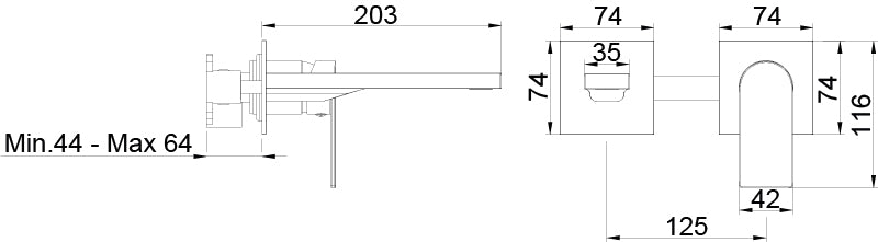 Стенен смесител за мивка Alpha Two - Aquagrif технически чертеж с размери за монтаж (хром, без изпразнител) - KERANOVA