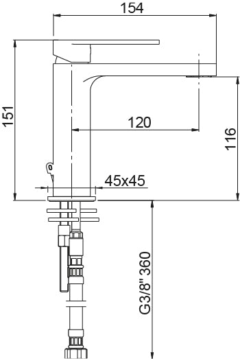 Смесител за мивка Alpha Satin Nickel - Aquagrif стоящ, сатен никел, без изпразнител, технически чертеж с размери за онлайн магазин KERANOVA