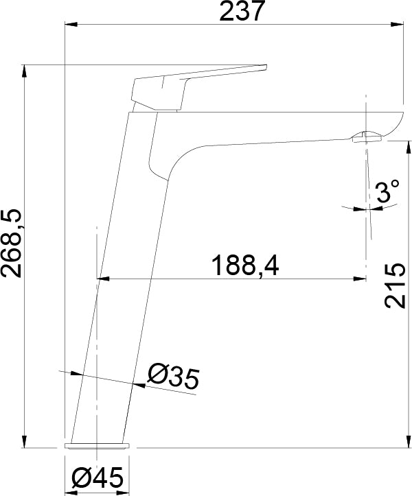 Смесител за мивка Beta Matt Black XL - Aquagrif висок черен мат смесител без изпразнител, размери и технически чертеж за онлайн магазин KERANOVA
