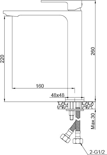 Смесител за мивка Bold Matt Black XL - Aquagrif висок черен мат за мивка, технически чертеж с размери, онлайн магазин за обзавеждане за бани KERANOVA