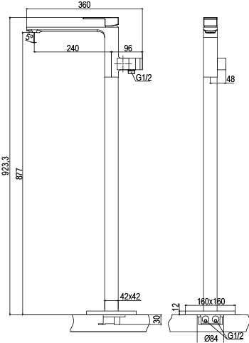 Свободностоящ смесител за вана Bold Chrome Aquagrif - технически чертеж с размери и монтажни детайли