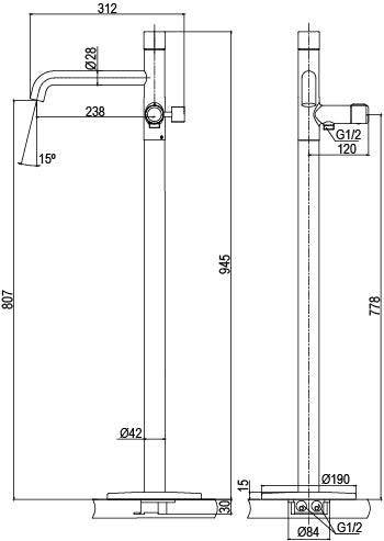 Свободностоящ смесител за вана Minimalista Chrome Aquagrif – технически чертеж с размери, височина 945 мм, ръчен душ и основа (KERANOVA онлайн магазин)