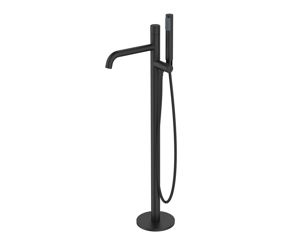 Свободностоящ смесител за вана Minimalista Black Aquagrif – черен мат, подов, с ръчен душ и шлаух, онлайн магазин KERANOVA