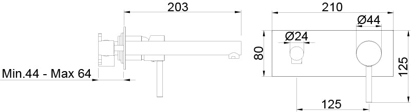 Стенен смесител за мивка Stick One - Aquagrif схематичен чертеж с размери 203 мм 210 мм 125 мм онлайн магазин за обзавеждане KERANOVA