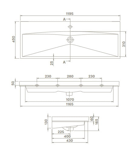 Мебелна мивка Elite 120х45 см - технически чертеж с размери и отвори за батерия, KERANOVA онлайн магазин