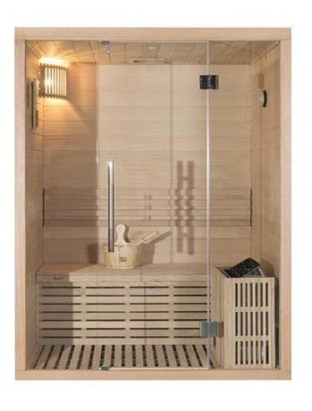 Сауна Igneus 150х105х190 см. от канадски хемлок за двама с 8 мм стъклена врата, SAWO печка 4.5 kW — KERANOVA онлайн магазин