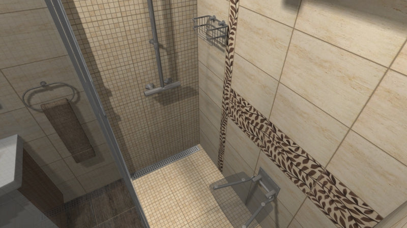 Баня Toscana 25x36 гланцирани плочки в бежово с декоративна лента, идея за интериор от онлайн магазин KERANOVA