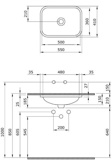 Мивка за под плот Taormina Pro 55 см. - черен мат чертеж с размери 550x410 мм за онлайн магазин за обзавеждане за бани KERANOVA