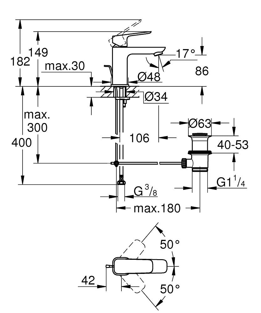 Смесител за мивка Grohe Cubeo S-size технически чертеж с размери и монтажни данни за KERANOVA онлайн магазин