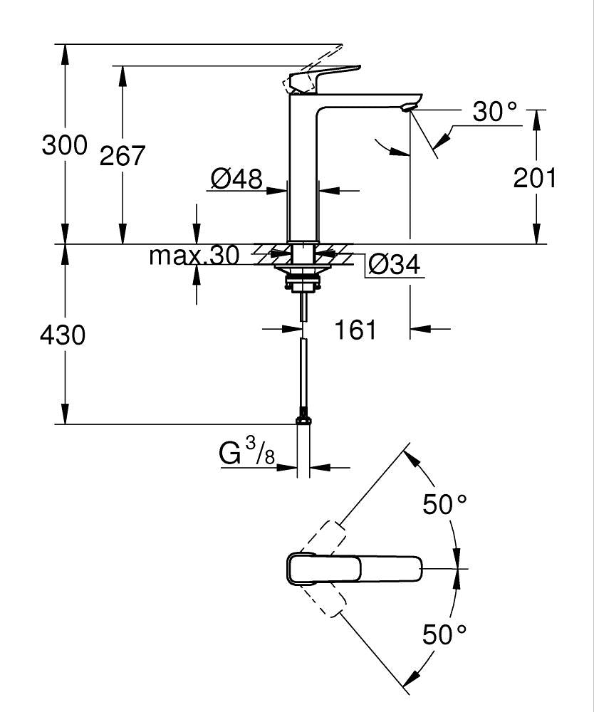 Смесител за мивка Grohe Cubeo XL-size – технически чертеж с размери, високо тяло, монтаж и 30°/50° ъгли, онлайн магазин KERANOVA