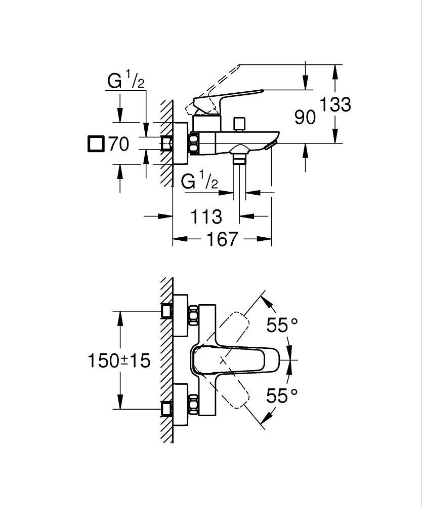 Стенен смесител за вана/душ Grohe Cubeo - технически размери и монтажни схеми за онлайн магазин KERANOVA