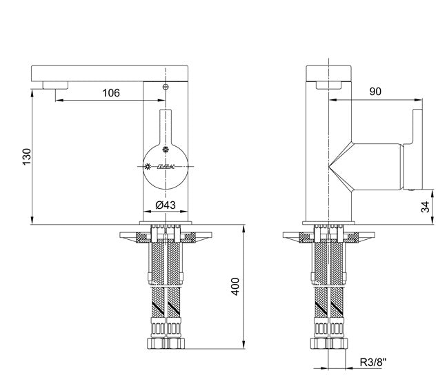 Смесител за умивалник - серия MINA чертеж с размери 130мм височина, 105мм чучур, техническа схема за онлайн магазин KERANOVA