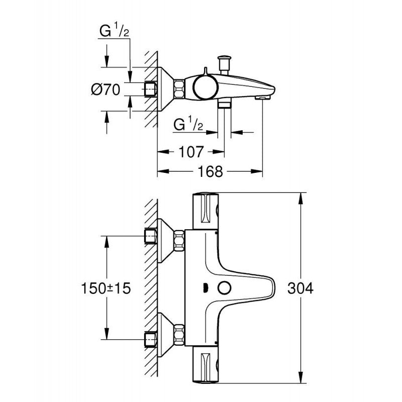 Термостатичен смесител за вана/душ Grohe GRT 800 Matt Black технически чертеж с размери и монтажни стойности за онлайн магазин KERANOVA