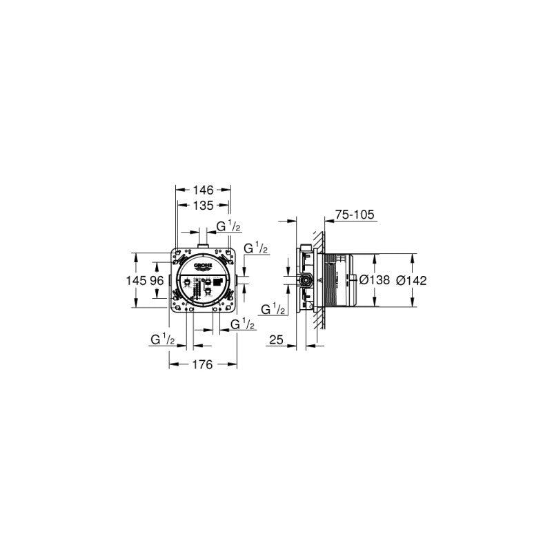 Термостатичен комплект Grohe Grohtherm Cube Matt Black - технически монтажен чертеж за вграден душ комплект, Matt Black, KERANOVA