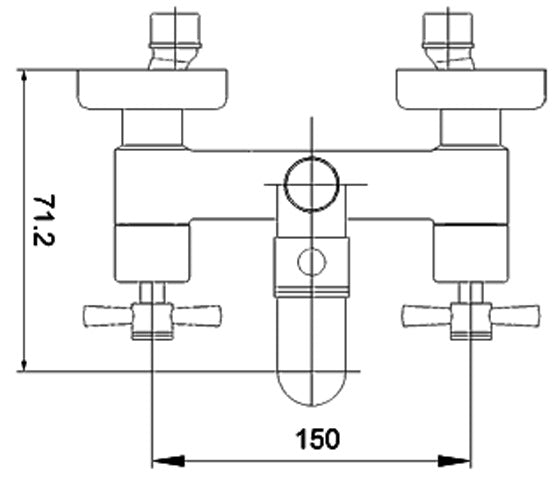 Душ комплект Quadrille – чертеж на стенен смесител за баня с чучур, фиксирана височина, 150 мм разстояние между входовете, KERANOVA