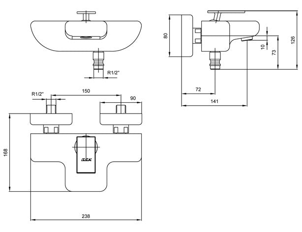 Смесител за вана/душ - серия NEVA, технически чертеж с размери и монтажни разстояния за онлайн магазин KERANOVA
