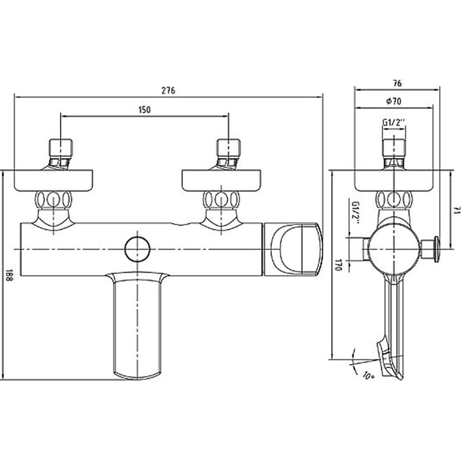 Смесител за вана/душ - серия Myra технически чертеж с размери, схема и монтажни габарити за KERANOVA онлайн магазин