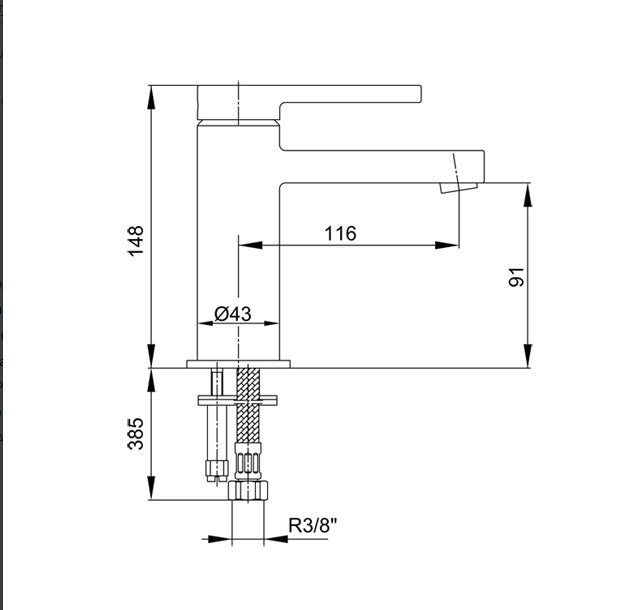 Смесител за умивалник - серия TIERA, технически чертеж с размери 148/91/116 мм и тръбни връзки R3/8" за онлайн магазин KERANOVA