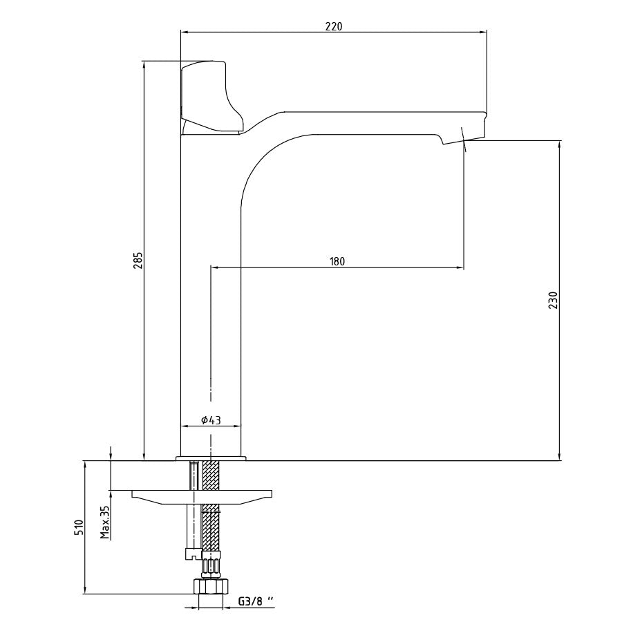 Смесител за умивалник - серия MYRA XL висок дизайн с чучур 180 мм, 230 мм височина, скрит аератор, KERANOVA магазин