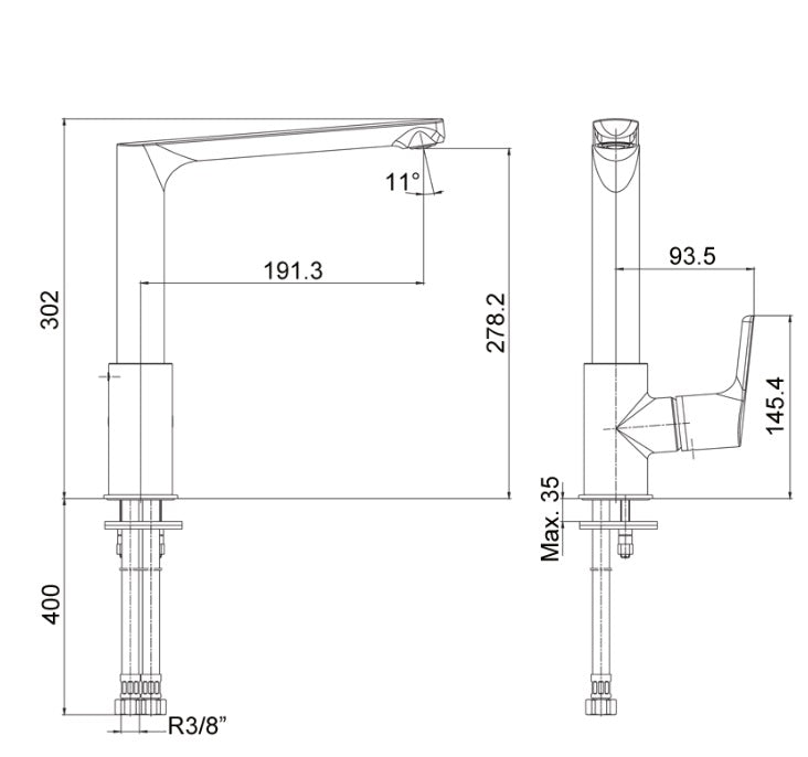 Смесител за кухненска мивка - серия LUNA, чертеж с размери: чучур 191 мм, височина 278 мм, хромирано покритие, KERANOVA онлайн магазин