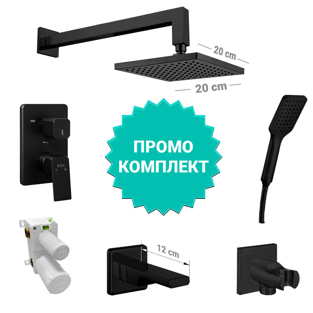 Вграден сет Tiera Black с чучур - черен мат промо комплект смесители за вграждане 20x20 квадратен душ, ръчен душ, PVD черно за KERANOVA