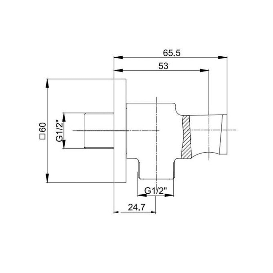 Вграден сет Tiera Black с чучур - черен мат технически чертеж на вградено коляно G1/2, размери 65.5х60 mm за онлайн магазин KERANOVA