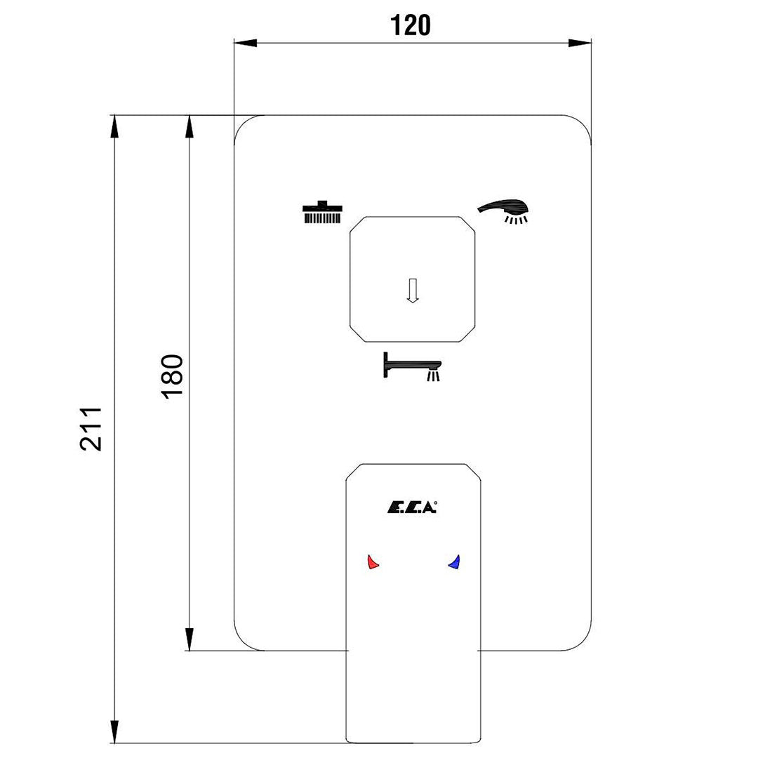 Вграден сет Tiera Black с чучур - черен мат, технически чертеж с размери 120x211 мм за душ и смесител, KERANOVA онлайн магазин