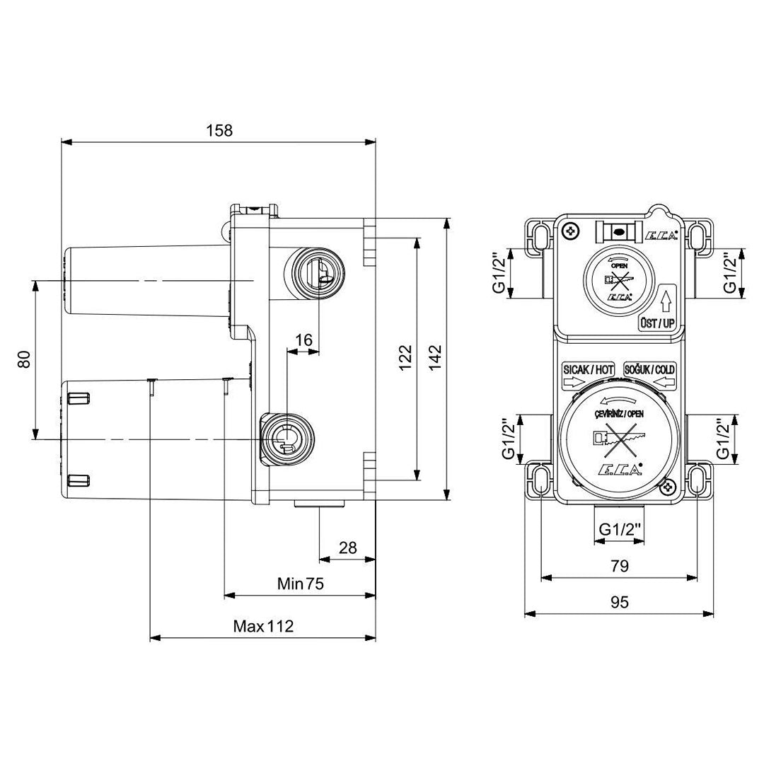 Вграден сет Tiera Black с чучур - черен мат технически чертеж с измерения за вградена смесителна кутия KERANOVA