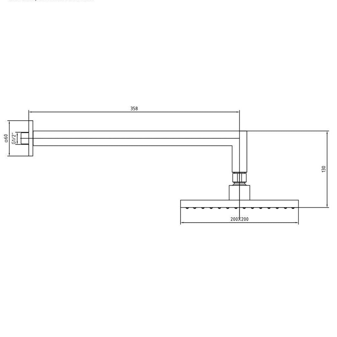 Вграден сет Tiera Black с чучур - черен мат, технически чертеж на квадратно душ-пито 20x20 cm и стенен държач, онлайн магазин KERANOVA