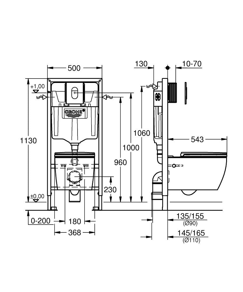 Комплект Grohe Rapid SL Bau Ceramic Rimless - технически чертеж с размери за инсталация, онлайн магазин за обзавеждане за бани KERANOVA
