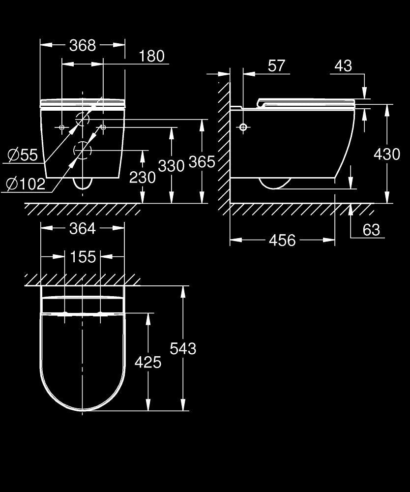 Rimless конзолна тоалетна Grohe Bau Ceramic - технически размери и схематичен монтаж за KERANOVA онлайн магазин