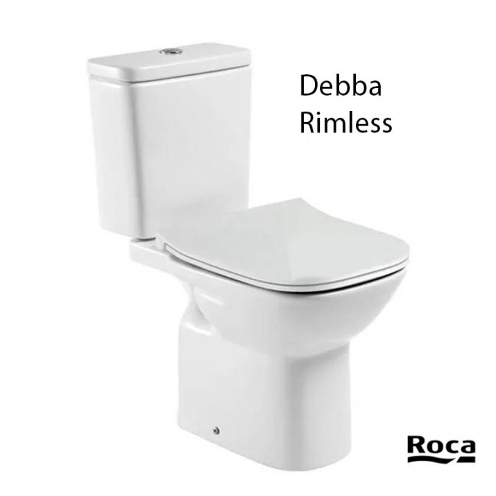 Моноблок Debba Pack Square Rimless - Roca бял моноблок с хоризонтално оттичане, тънка седалка със забавено падане - KERANOVA