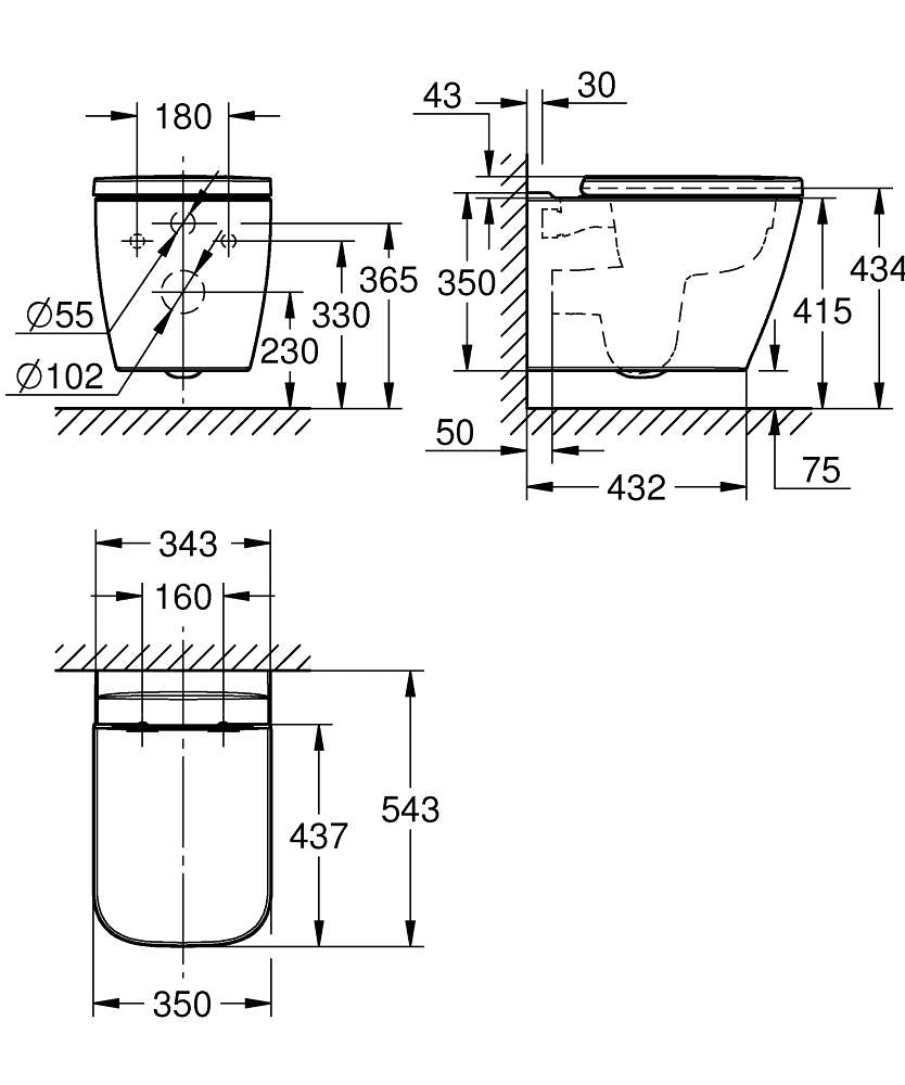 Rimless конзолна тоалетна Grohe BauEdge Ceramic - технически размери и схема за монтаж | KERANOVA