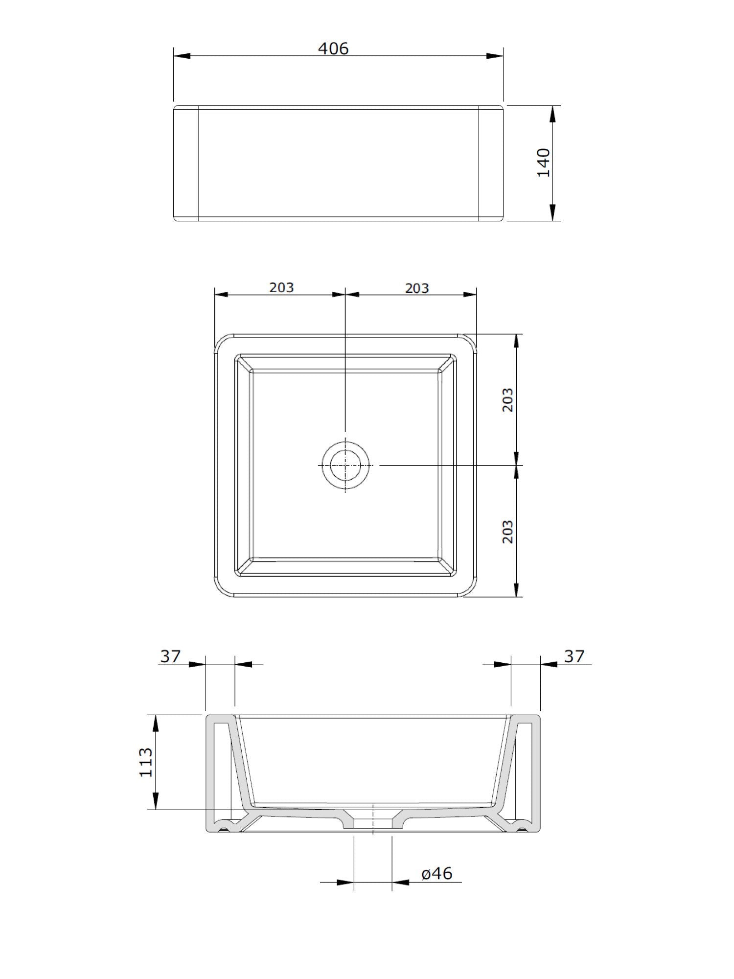 Купа Note 46х46 см. дизайнерска мивка за баня за монтаж върху плот, технически чертеж с размери за онлайн магазин KERANOVA