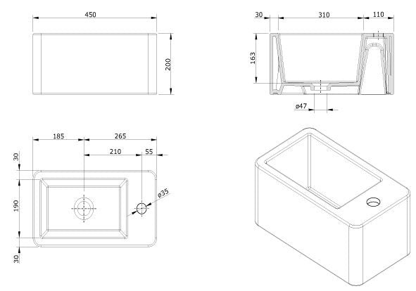 Купа Note 45х25 см. тънка снежнобяла порцеланова мивка за плот, монтаж върху плот, размери и технически чертежи