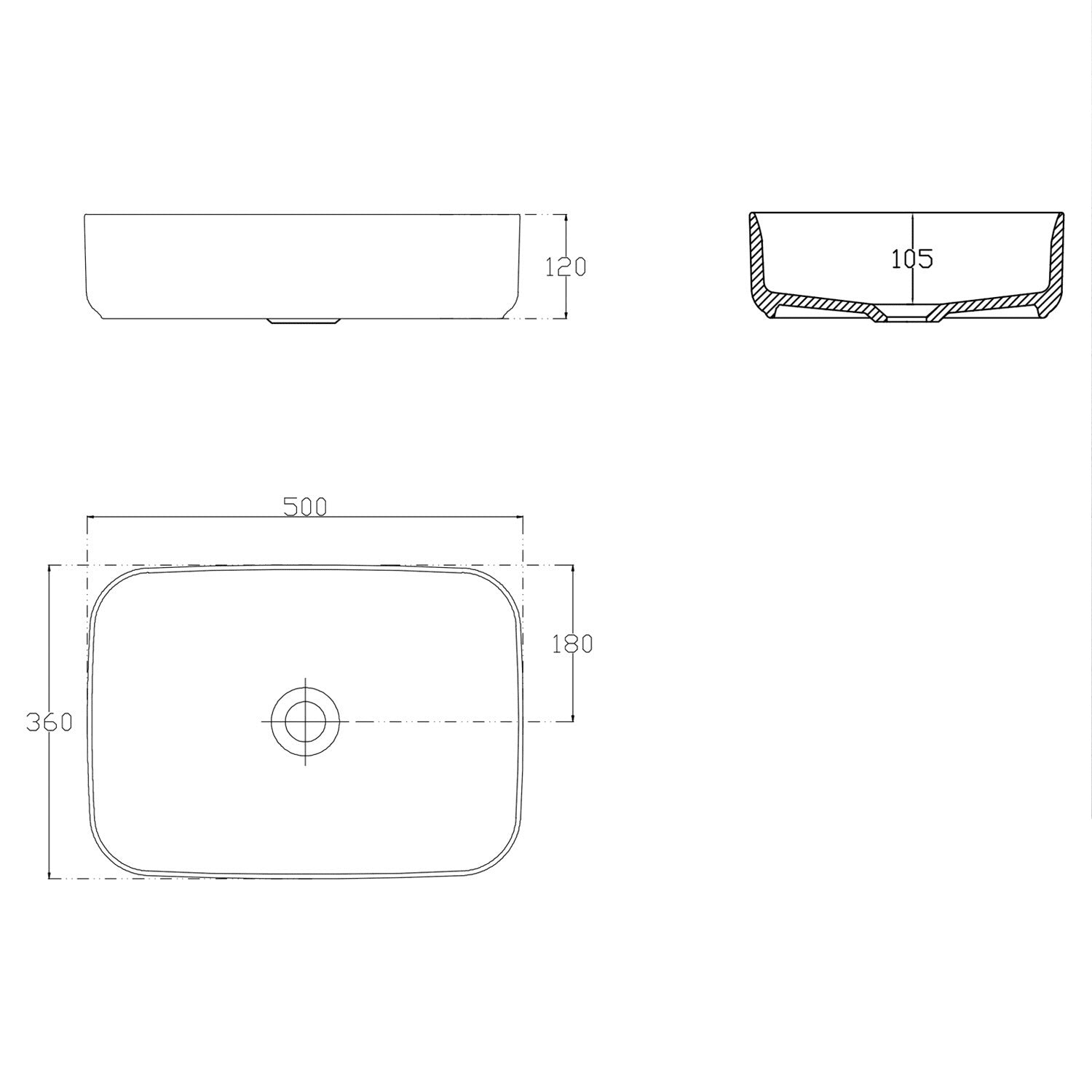 Мивка Infinity за монтаж върху плот 50х36 см. - Isvea, бяла порцеланова, размери 50x36x12 см, технически чертеж