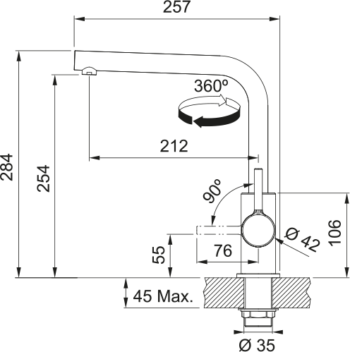 Lina L Swivel Matte black - Franke kitchen faucet technical drawing with 360° swivel and dimensions.