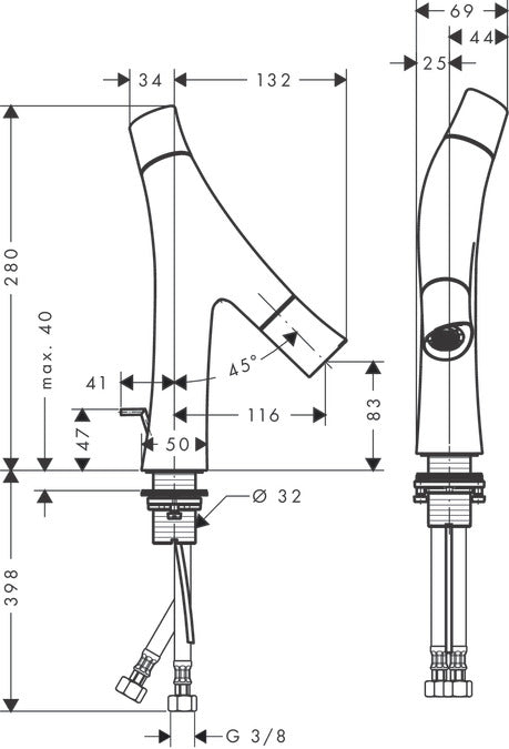 Смесител за мивка Axor Starck Organic чертеж с размери - онлайн магазин за обзавеждане за бани KERANOVA