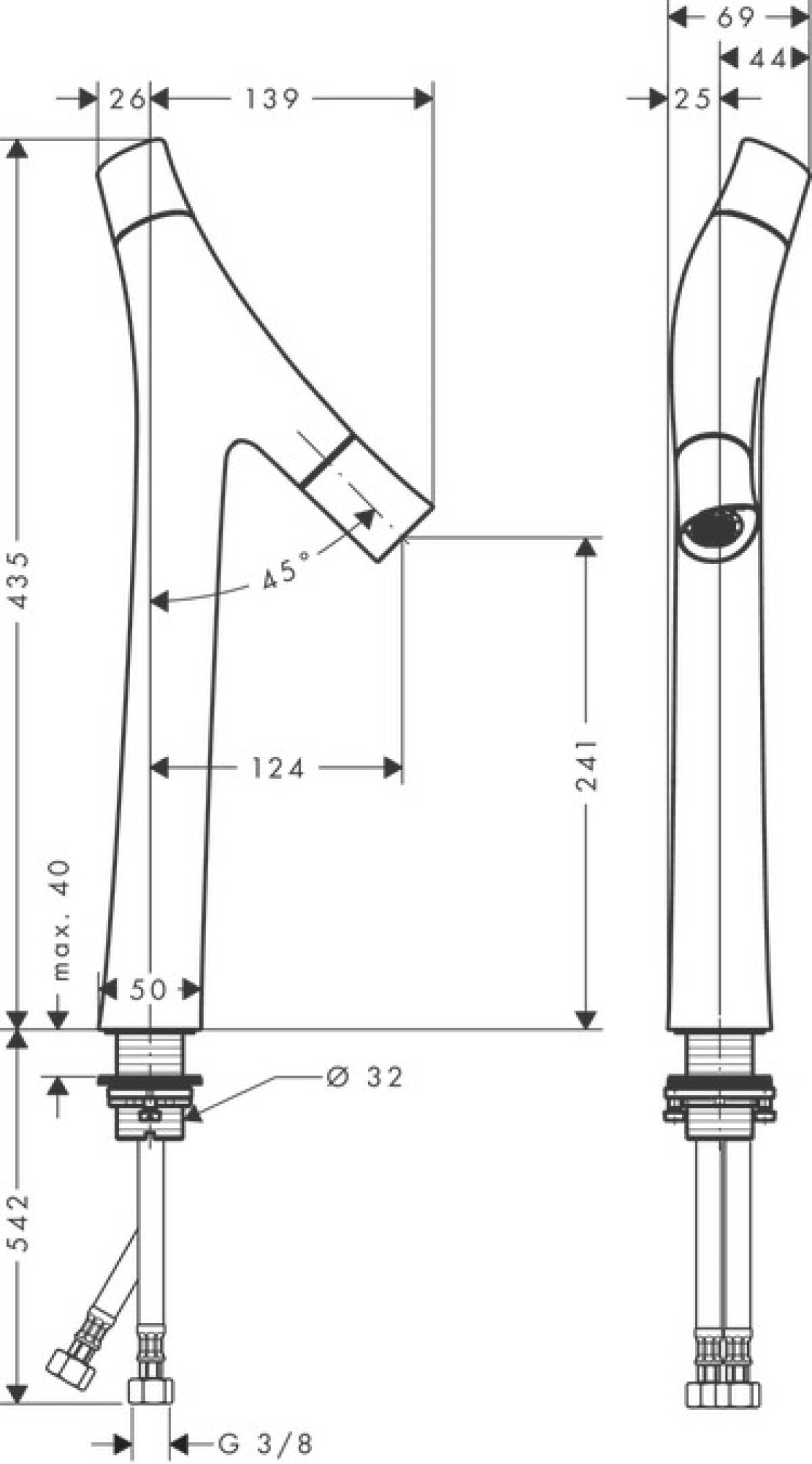 Смесител за мивка Axor Starck Organic XL - технически чертеж с размери, хром, Comfort Zone 240, проекция 124 мм, Германия | KERANOVA