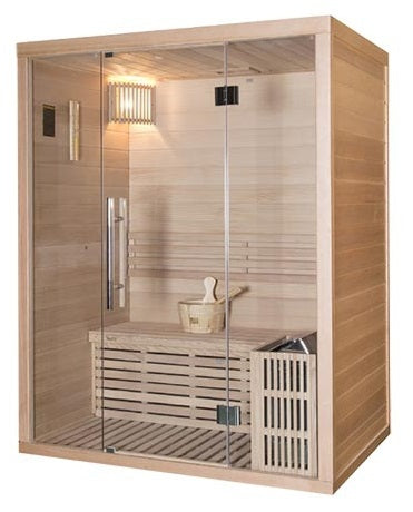 Сауна Igneus 150х105х190 см. от канадски хемлок с 8мм стъклена врата, SAWO 4.5 kW печка и аксесоари - KERANOVA онлайн магазин