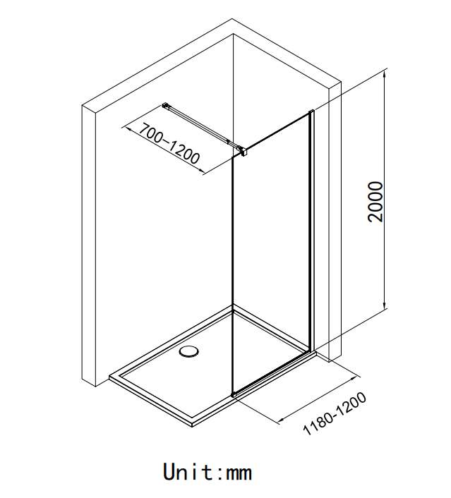 Статичен параван Cristina 120х200 см. – технически чертеж с размери 1180–1200×2000 мм, черен обков, 8 мм закалено стъкло, онлайн магазин KERANOVA