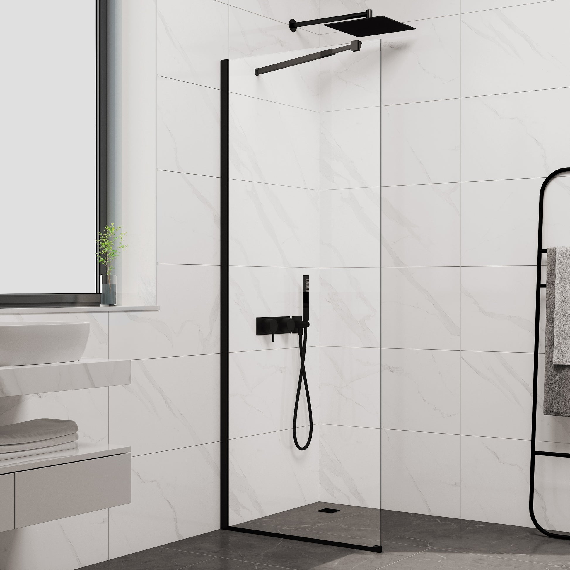 Статичен параван Cristina 70х200 см. – прозрачен 8 мм закалено стъкло с черен обков и NANO покритие, онлайн магазин KERANOVA