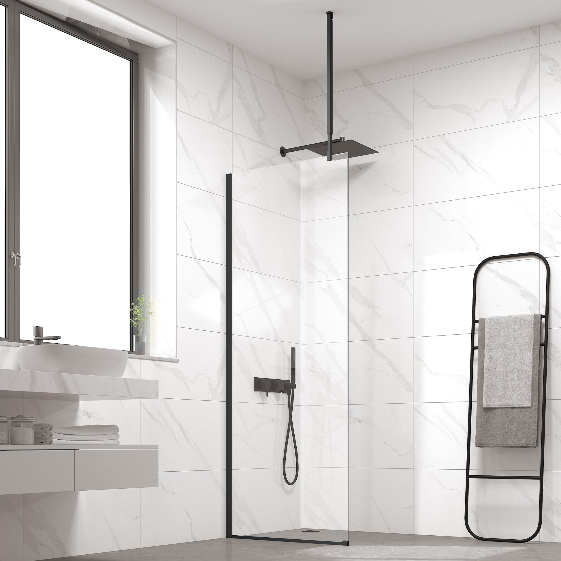 Статичен параван Cristina 70х200 см. - черен обков, 8 мм закалено стъкло, NANO покритие за онлайн магазин KERANOVA