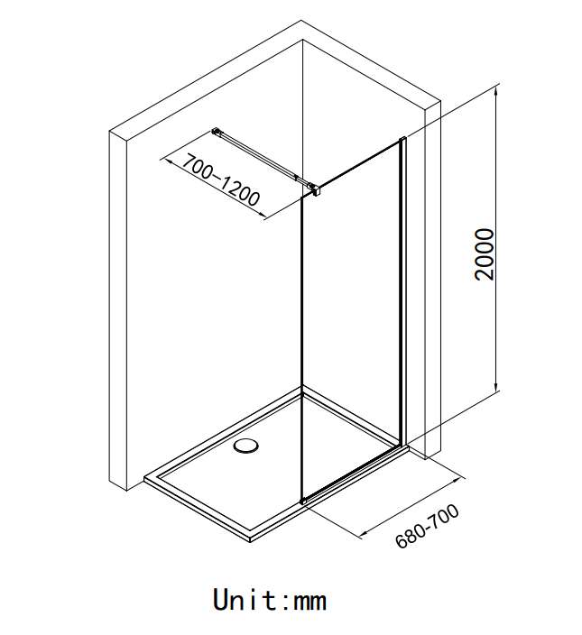 Статичен параван Cristina 70х200 см. – технически чертеж с размери 700–1200 мм рамо, 680–700 мм стъпка и височина 2000 мм, прозрачно закалено стъкло