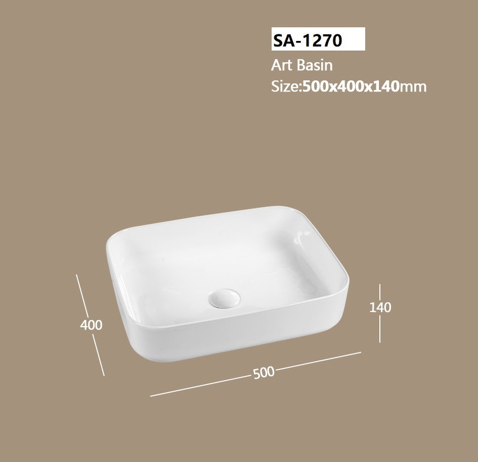 Купа SA-1270 50х40 см. тънка снежнобяла порцеланова мивка за баня за монтаж върху плот - онлайн магазин KERANOVA